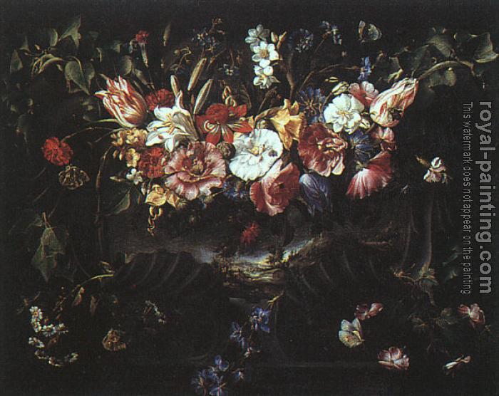 Juan De Arellano : Graphic Garland of Flowers with Landscape